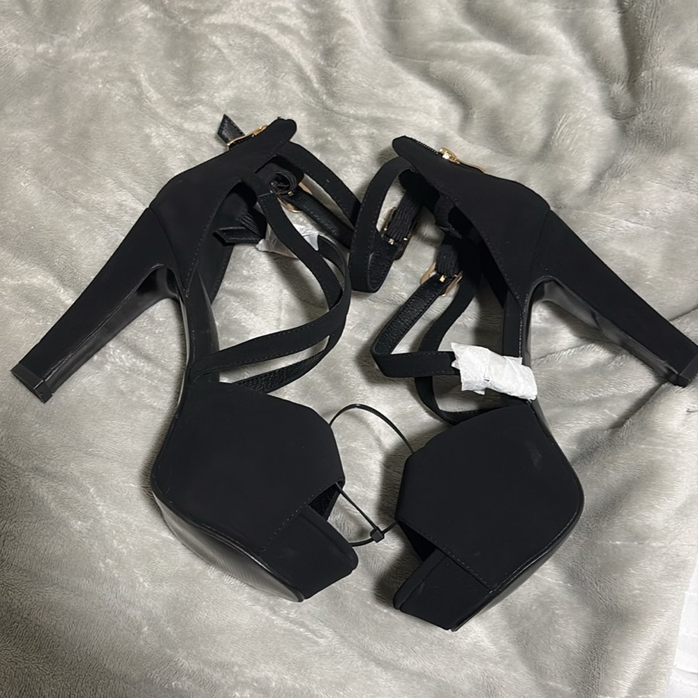 Allure Black Strappy Heels with Gold Buckle - Picture 3 of 5